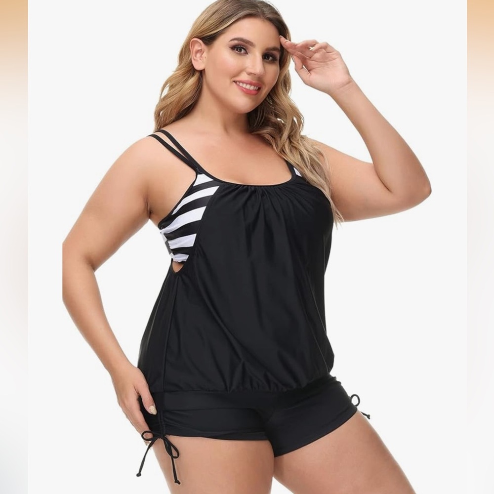 Plus Size Tankini for Women U Neck Sexy Top Drawstring Stretch Swim Shorts
